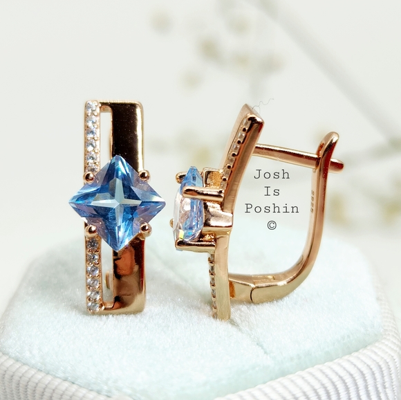 2.00CT Princess shape blue topaz latch back earrings in sterling silver - Picture 10 of 13